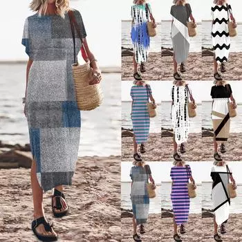 Женские летние полосатые повседневные свободные пляжные платья с круглым вырезом и разрезом по бокам L чёрный