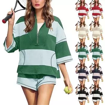 Женские летние полосатые шорты с цветными блоками, повседневный спортивный комплект из двух предметов L чёрный