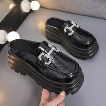 Женские летние полутапочки, модные кожаные туфли Sofe, женские туфли на танкетке, мюли BaoTou, женская обувь в японском стиле на толстой подошве 2024 г. 35 чёрный