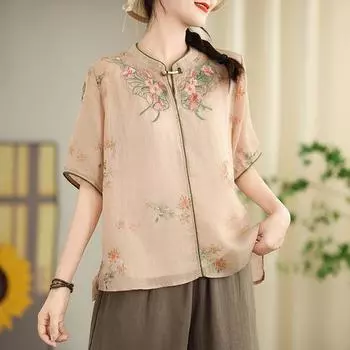 Женские летние повседневные блузки, рубашки, поступление, китайский стиль, винтажная цветочная вышивка, свободные женские топы с коротким рукавом XXXL бежевый
