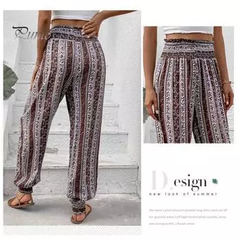 Женские летние повседневные брюки, эластичные широкие брюки с высокой талией, спортивные штаны для йоги в этническом стиле, спортивные спортивные штаны для отдыха M коричневый