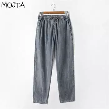 Женские летние повседневные брюки большого размера с высокой талией, свободные тонкие джинсы из тенселя, джинсовые укороченные брюки M