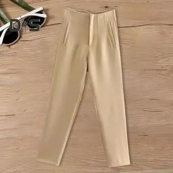 Женские летние повседневные брюки на молнии с высокой талией офисные брюки с карманами сплошной цвет плиссированные прямые длинные брюки уличная одежда M чёрный