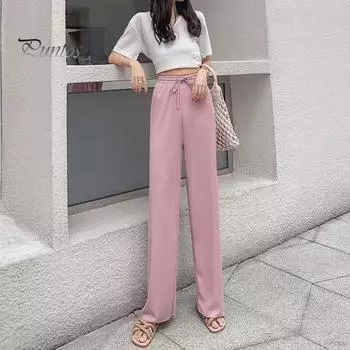 Женские летние повседневные брюки с эластичной резинкой на талии, брюки из ледяного шелка, однотонные прямые широкие длинные брюки, уличная одежда L чёрный