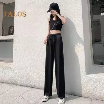 Женские летние повседневные брюки с эластичной резинкой на талии, брюки из ледяного шелка, однотонные прямые широкие длинные брюки, уличная одежда L чёрный