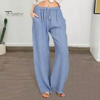 Женские летние повседневные брюки с эластичной резинкой на талии и карманами, длинные брюки, однотонные прямые широкие брюки для отдыха, уличная одежда S абрикосовый