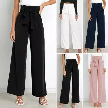 Женские летние повседневные брюки с эластичной высокой талией на шнуровке, длинные брюки с карманами, широкие офисные женские брюки, уличная одежда M темно-синий