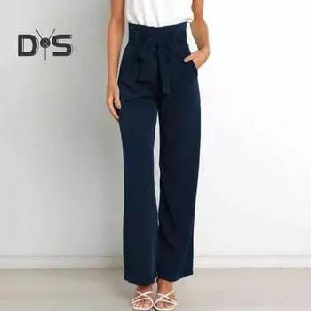 Женские летние повседневные брюки с эластичной высокой талией на шнуровке, длинные брюки с карманами, широкие офисные женские брюки, уличная одежда M розовый