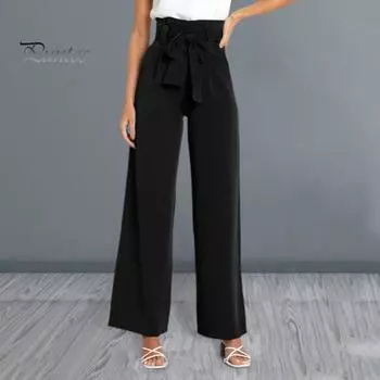 Женские летние повседневные брюки с эластичной высокой талией на шнуровке, длинные брюки с карманами, широкие офисные женские брюки, уличная одежда M розовый