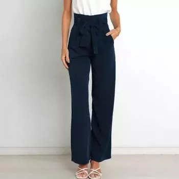 Женские летние повседневные брюки с эластичной высокой талией на шнуровке, длинные брюки с карманами, широкие офисные женские брюки, уличная одежда M розовый