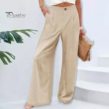 Женские летние повседневные брюки с высокой талией и карманами на молнии и пуговицах, однотонные повседневные пляжные брюки с широкими штанинами, уличная одежда S серый