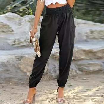 Женские летние повседневные длинные брюки с высокой талией в стиле бохо и карманами L чёрный