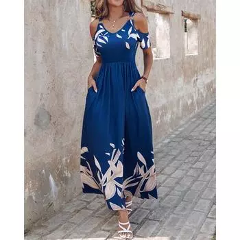 Женские летние повседневные длинные платья без бретелек с принтом на талии S синий