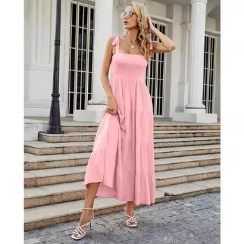 Женские летние повседневные длинные платья без рукавов с принтом и бретельками на шее S розовый