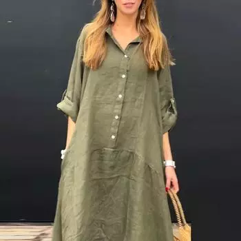 Женские летние повседневные длинные платья с карманами и воротником-стойкой S серый