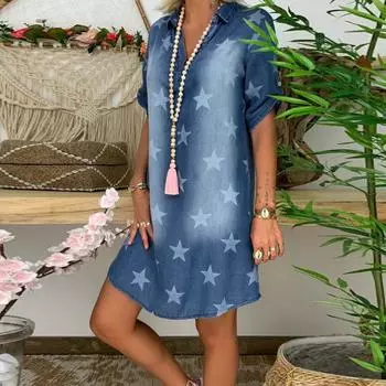 Женские летние повседневные джинсовые длинные вечерние платья с V-образным вырезом и короткими рукавами