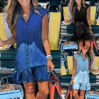 Женские летние повседневные джинсовые платья с отложным воротником без рукавов свободное платье S чёрный