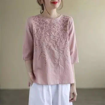 Женские летние повседневные футболки из хлопка и льна в винтажном стиле с цветочной вышивкой, свободные женские топы с короткими рукавами, футболки S красный