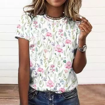 Женские летние повседневные футболки, модные футболки большого размера в стиле Харадзюку с цветочным принтом для дам, базовые топы с коротким рукавом и круглым вырезом, большие размеры S