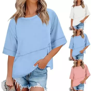 Женские летние повседневные футболки с круглым вырезом и коротким рукавом, однотонные, свободного кроя, симпатичные базовые струящиеся топы, футболки, блузки M чёрный
