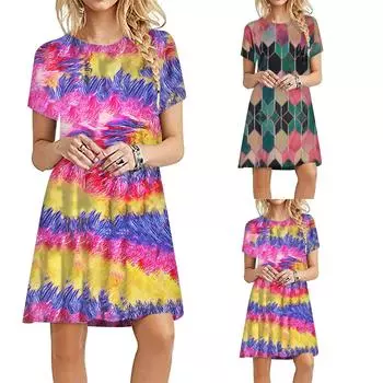 Женские летние повседневные футболки с принтом тай-дай, платья с коротким рукавом, свободное платье L розовый