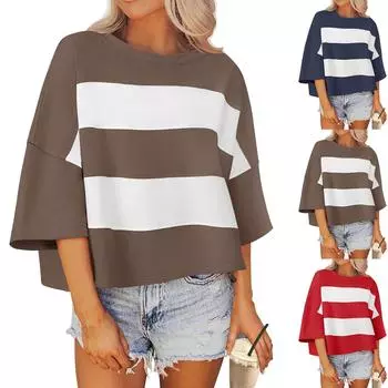 Женские летние повседневные футболки с рукавом 3/4, круглым вырезом, заниженной линией плеч, цветные блоки, свободные футболки L чёрный