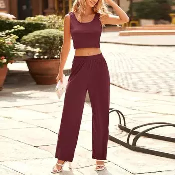 Женские летние повседневные комплекты из двух предметов, спортивные костюмы, майка с круглым вырезом, длинные вязаные брюки в рубчик, спортивные костюмы L винный