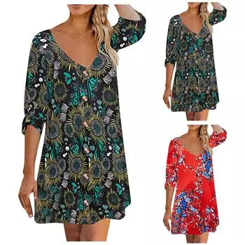 Женские летние повседневные короткие платья с v-образным вырезом на шнуровке и пятиточечными рукавами с принтом M чёрный