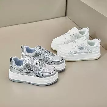 Женские летние повседневные кроссовки на платформе с дышащей сеткой, удобные нескользящие кроссовки на шнуровке для женщин, массивные теннисные кроссовки 35 серебряный