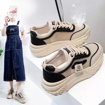 Женские летние повседневные кроссовки на танкетке, нескользящие прогулочные туфли с дышащей сеткой, массивные кроссовки на шнуровке для бега, теннисные туфли для женщин, обувь для папы 35 чёрный