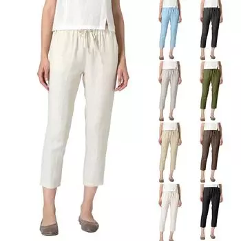 Женские летние повседневные льняные брюки с эластичной резинкой на талии, свободные прямые брюки с девятью точками, пляжные брюки с карманами XXL