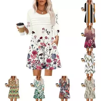 Женские летние повседневные лепестковые узкие полосатые платья с длинным рукавом и плиссировкой с цветочным принтом L бежевый