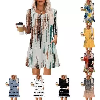 Женские летние повседневные лепестковые узкие полосатые платья с длинным рукавом и плиссировкой с цветочным принтом L чёрный