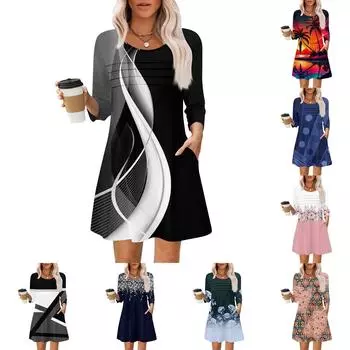 Женские летние повседневные лепестковые узкие полосатые платья с длинным рукавом и плиссировкой с цветочным принтом S чёрный