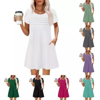 Женские летние повседневные лепестковые узкие полосатые плиссированные однотонные платья L чёрный