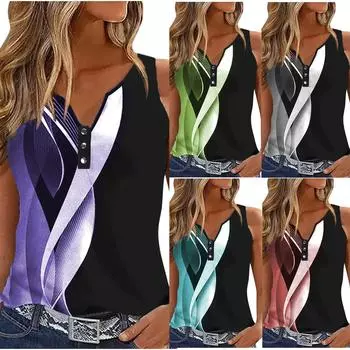 Женские летние повседневные майки с цветным принтом и застежкой на кнопки с v-образным вырезом и коротким рукавом с принтом L светло-синий