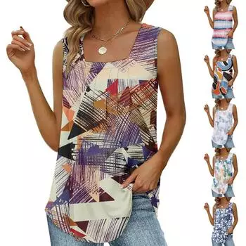 Женские летние повседневные майки, свободные плиссированные рубашки без рукавов с квадратным вырезом, топы XL синий