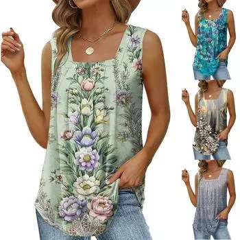 Женские летние повседневные майки, свободные плиссированные рубашки без рукавов с квадратным вырезом, топы XXL синий