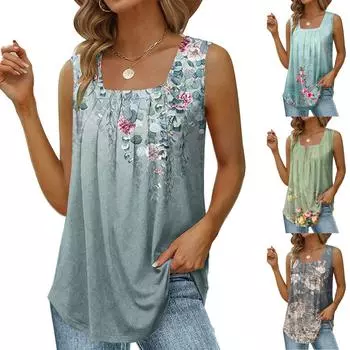 Женские летние повседневные майки, свободные плиссированные рубашки без рукавов с квадратным вырезом, топы L темно-серого