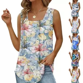 Женские летние повседневные майки, свободные плиссированные рубашки без рукавов с квадратным вырезом, топы L синий