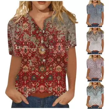 Женские летние повседневные модные хлопковые льняные женские рубашки с короткими рукавами и принтом, топы XL циан