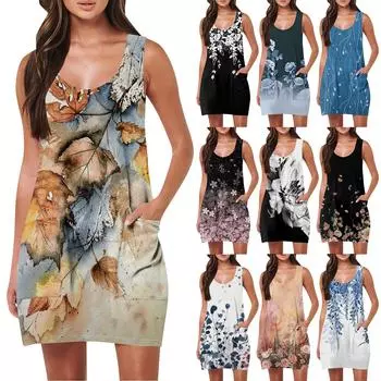 Женские летние повседневные модные майки без рукавов с карманами и пляжными винтажными платьями с цветочным принтом L чёрный