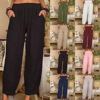Женские летние повседневные модные однотонные хлопковые брюки-гарун с эластичной резинкой на талии и карманами L