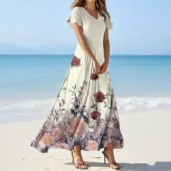 Женские летние повседневные модные однотонные платья с V-образным вырезом и коротким рукавом L бежевый