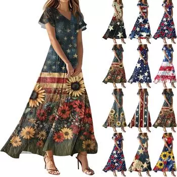 Женские летние повседневные модные однотонные платья с V-образным вырезом и коротким рукавом XS тёмно-синий