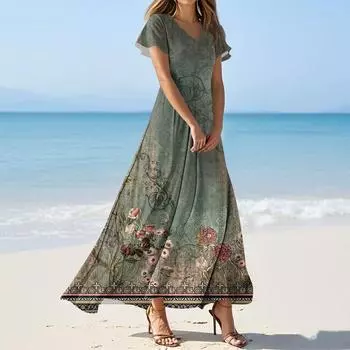 Женские летние повседневные модные платья с принтом и короткими рукавами и V-образным вырезом L армия зеленый