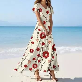 Женские летние повседневные модные платья с цветочным принтом, платья с V-образным вырезом и коротким рукавом L бежевый