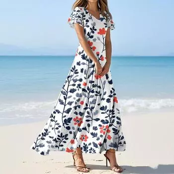 Женские летние повседневные модные платья с принтом и короткими рукавами и V-образным вырезом L синий