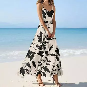 Женские летние повседневные модные платья с принтом, платья без рукавов с V-образным вырезом L чёрный