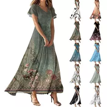 Женские летние повседневные модные платья с принтом и короткими рукавами и V-образным вырезом XXL